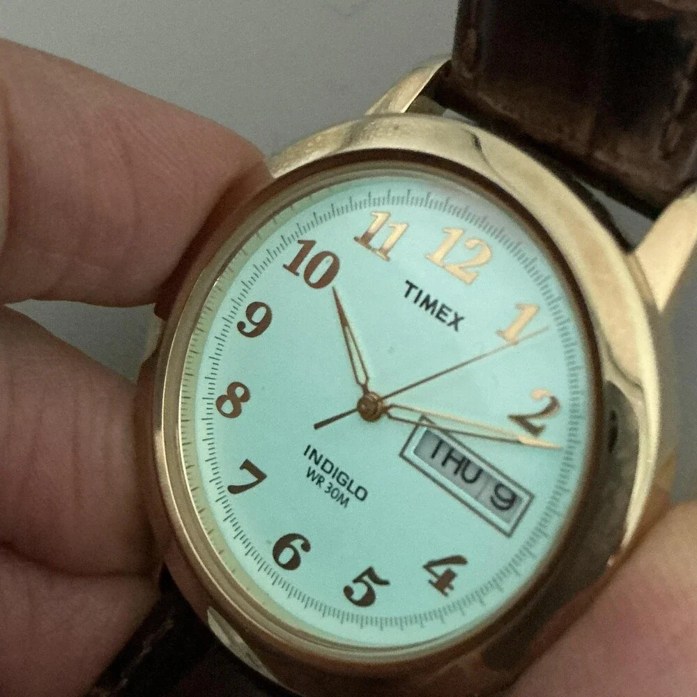 Vintage Timex Indiglo Mens Watch 37mm White Dial Brown Leather Quartz Day Date